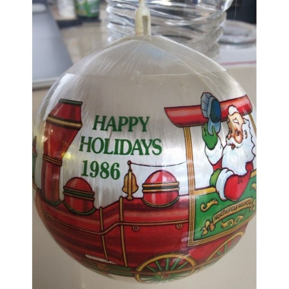 Vintage Happy Holidays 1986 Santa Train Round Satin Christmas Ball Ornament